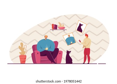 Woman taking photos of man and dog. Old man sitting in armchair, dog pet nearby, granddaughter taking picture of them. Family, photo concept for website or landing page