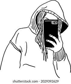 Woman taking picture on Mobile phone Hoodie Jacket Streetwear Hand drawn line art illustration