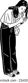 Woman taking picture on Mobile phone People lifestyle Hand drawn line art illustration