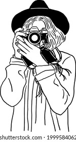 Woman taking picture People holding camera Photographer Hand drawn line illustration