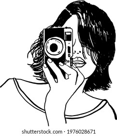 Woman taking picture Photographer Influencer Social media Hand drawn style vector illustration