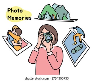 A woman is taking pictures with a camera. Pictures are decorated around her. hand drawn style vector design illustrations. 