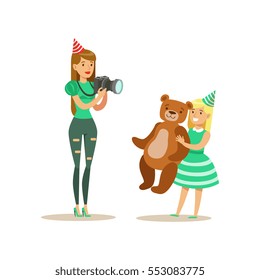 Woman Taking Pictures With Girl And Teddy Bear, Kids Birthday Party Scene With Cartoon Smiling Character