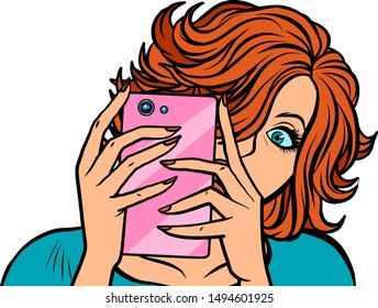woman taking pictures with a smartphone. Pop art retro vector illustration drawing