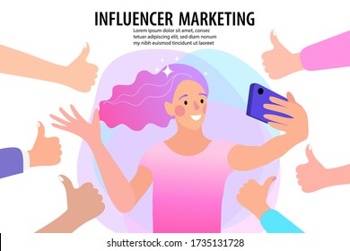 Woman taking pictures of themselves with mobile phones, Social influencer concept. Media content to grab like from social audience Design. Cheerful young woman surrounded by hands with thumbs up.