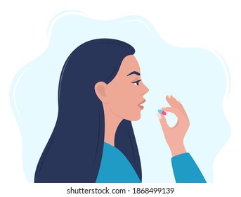 Woman taking a pill in to her mouth. Woman holds a pill in her hand and intends to take it. Medication treatment, pharmacy and medicine, concept vector illustration