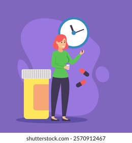 Woman taking pills in time vector illustration. Female cartoon character near huge jar of capsules, clock on background. Medicine, treatment and healthcare concept