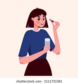 Woman taking pills or vitamins flat illustration. Adult character takes prescription meds banner design. Painkiller, tablet supplements background.