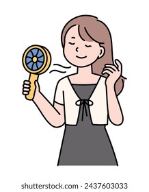 The woman is taking a portable fan and getting some fresh air.