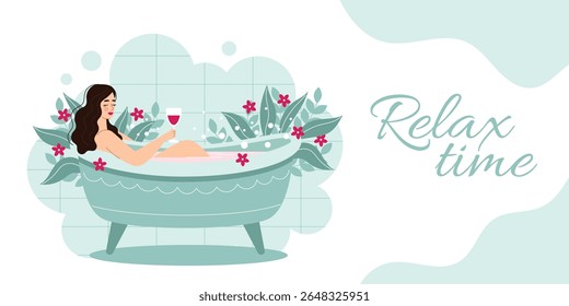 Woman taking a relaxing bath banner.Self-care, wellness and tranquility concept.Vector cartoon flat illustration