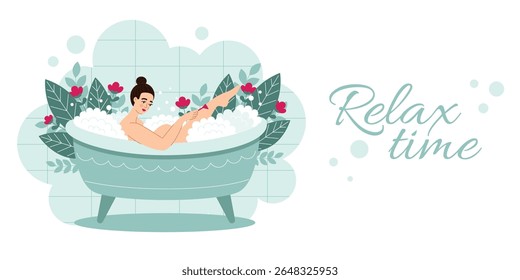 Woman taking a relaxing bath banner.Self-care, wellness and tranquility concept.Vector cartoon flat illustration