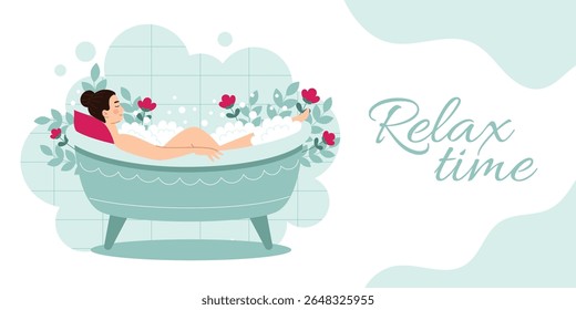 Mulher tomando um banho relaxante banner.Self-care, bem-estar e tranquilidade concept.Vetor desenho animado ilustração plana