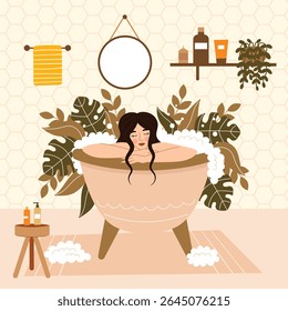 Mulher tomando um banho relaxante.Autocuidado, bem-estar e tranquilidade concept.Vetor desenho animado ilustração plana