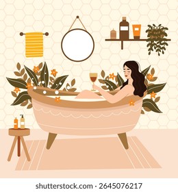 Woman taking a relaxing bath.Self-care, wellness and tranquility concept.Vector cartoon flat illustration