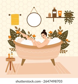 Woman taking a relaxing bath.Self-care, wellness and tranquility concept.Vector cartoon flat illustration