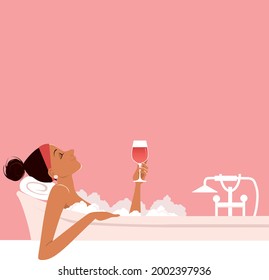 Woman taking a relaxing bubble bath and drinking red wine, side view, copy space above, EPS 8 vector illustration