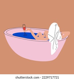 Woman taking a relaxing bubble bath and drinking red wine, side view. Vector in cartoon style. All elements are isolated