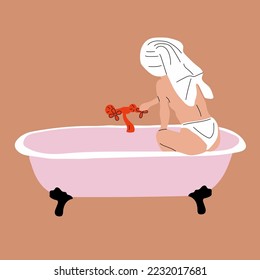 Woman taking a relaxing bubble bath side view. Vector in cartoon style. All elements are isolated