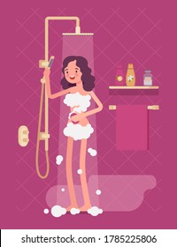 Woman taking a relaxing shower soaping with foam. Girl standing in a bathroom, enjoy having morning personal hygiene routine and healthy pleasure spa procedure. Vector flat style cartoon illustration