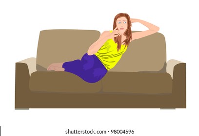 Woman taking rest on sofa thinking about something