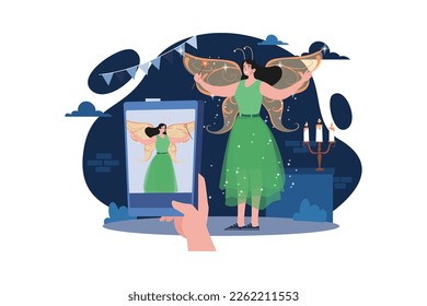 Woman Taking A Selfie With Fairy Cosplay On Halloween