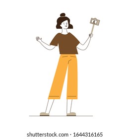 Woman taking selfie. Female blogger using camera with monopod flat vector illustration. Recording video, travel, selfie concept for banner, website design or landing web page