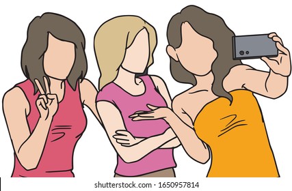 woman taking selfie with friends illustration. vector.