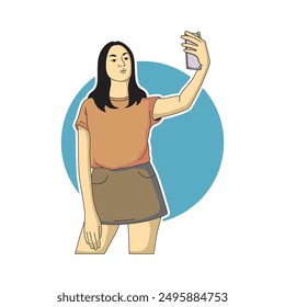 a woman is taking a selfie in front of a cellphone
