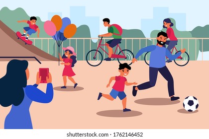 Woman taking selfie of her family having fun on playground. Man playing football with his son outdoors flat vector illustration. Family leisure concept for banner, website design or landing web page