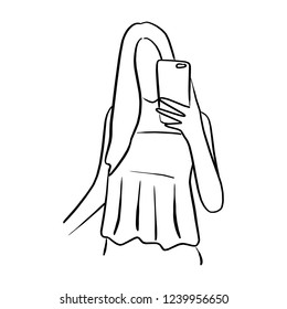 woman taking selfie with mobile phone vector illustration sketch doodle hand drawn with black lines isolated on white background