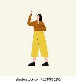 Woman taking selfie with mobile phone. Concept of social network relationship. Woaman chatting via Internet on smartphone. Flat vector illustration.