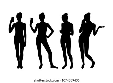 Woman taking selfie and phone talking silhouettes