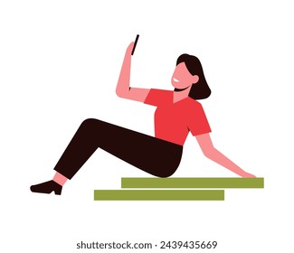 Woman taking selfie photo. Blogger lifestyle, posting content flat illustration