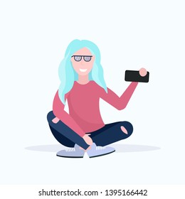 woman taking selfie photo on smartphone camera female cartoon character posing on white background flat full length