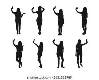 Woman taking selfie silhouettes set. silhouettes of people taking selfies. Woman taking selfie of holding and talking on mobile phone. Woman taking selfie with smartphone on white background.