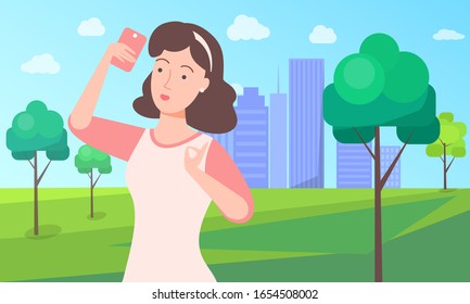 Woman taking selfie with smartphone camera. Girl with hair band posing in city park with green trees and skyscraper on background vector illustration