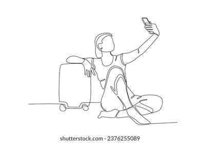A woman taking a selfie while on vacation. Staycation one-line drawing
