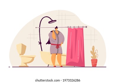 Woman taking shower or bath in morning. Bathroom, washing up, bathrobe flat vector illustration. Hygiene and daily routine concept for banner, website design or landing web page