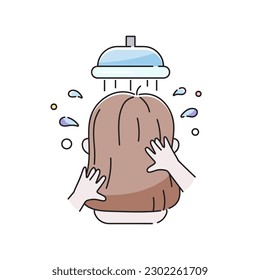 Woman taking shower bath, washing head. Hygiene, Shampooing, hair and body care routine concept. Vector modern isolated illustration. 