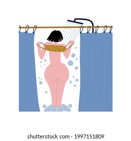 Woman taking shower in bathroom. Beautiful female character washing herself. Idea of beauty and hygiene. Isolated vector illustration in cartoon style. 