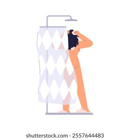 Woman taking shower in bathroom. Girl washing body, cleaning hair with water, standing behind curtain in washroom. Daily hygiene routine. Flat vector illustration isolated on white background