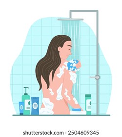 Woman Taking a Shower in Bathroom for Healthcare Concept Illustration