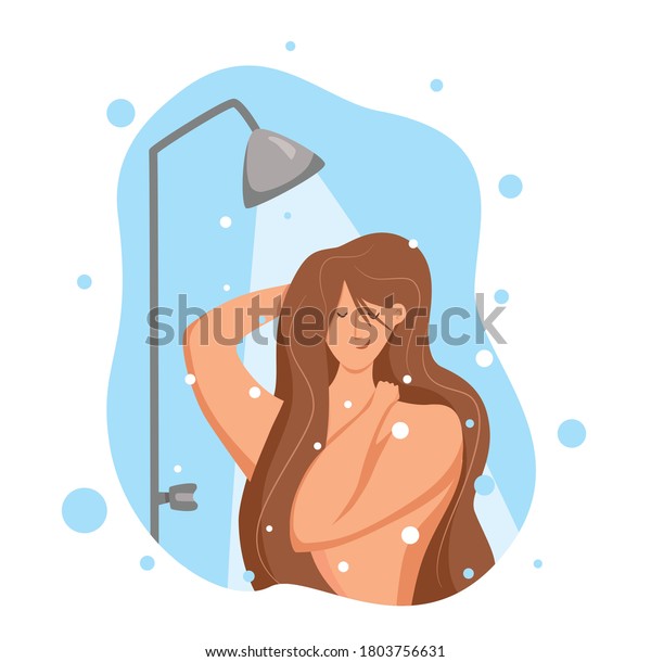 Woman Taking Shower Bathroom Vector Illustration เวกเตอร์สต็อก ปลอดค่าลิขสิทธิ์ 1803756631