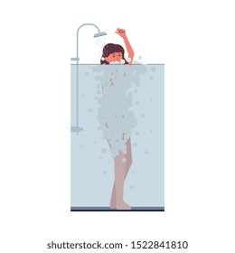 Woman taking a shower with cartoon foam bubbles covering her body - girl standing under water washing up. Isolated flat vector illustration on white background