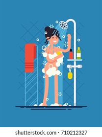 Woman taking shower. Cool vector flat design illustration on daily routine with confident adult female character covered in soap foam having a shower in bathroom. Morning routine concept layout