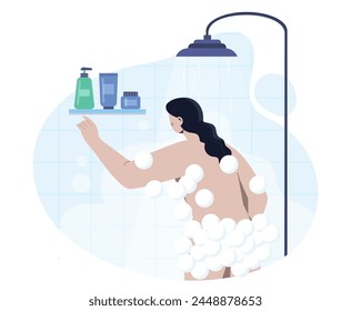 Woman taking a shower, enclosed by foamy bubbles against a bathroom tile background, representing cleanliness and hygiene. Flat cartoon vector illustration