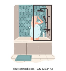 Woman taking shower flat vector illustration. Girl standing and washing her body, taking care of herself.