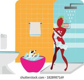 woman taking shower with foam bubbles and with her pet
