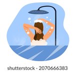 Woman taking shower. Hygiene, cleanliness, beauty. Cosmetics, bathroom indoor, apartment, comfort. Morning routine concepts. Character washing head with shampoo. Cartoon flat vector illustration