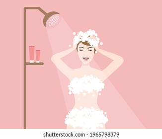 Woman taking shower and wash her hair in bathroom vector illustration. Beauty care and daily hygiene concept